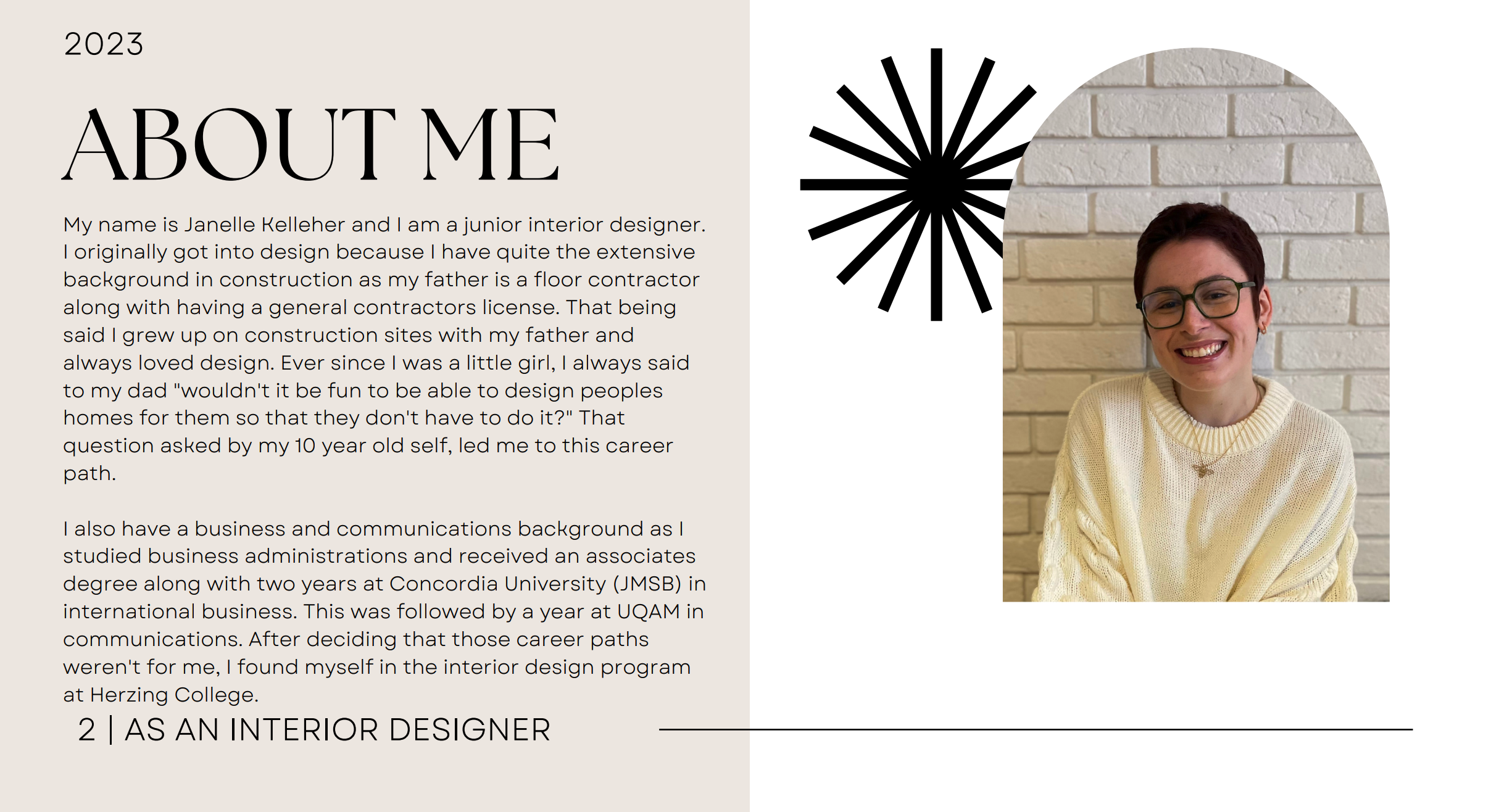 Page « à propos de moi » d’un portfolio de design d’intérieur