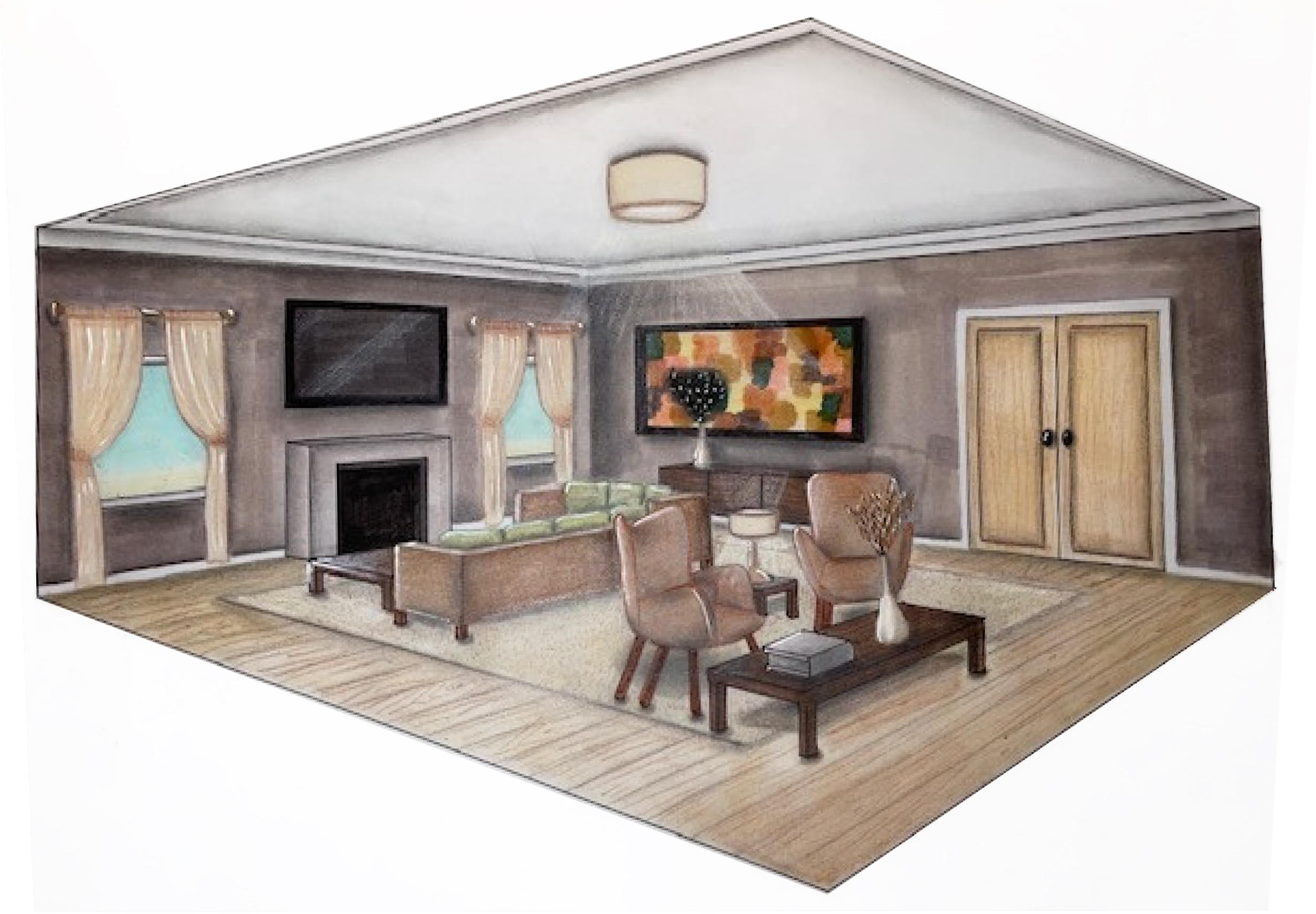 Hand-drawn sketch of a living room