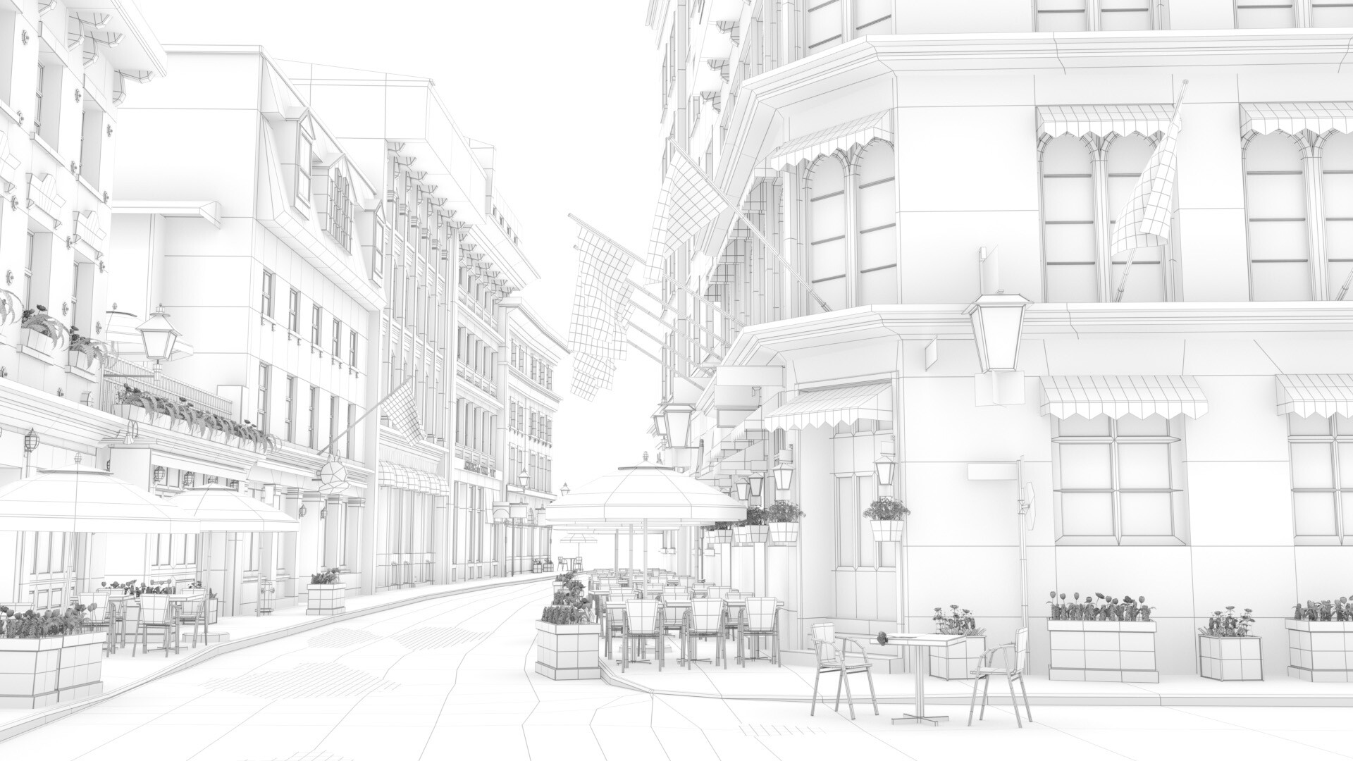 A wireframe image of a city street