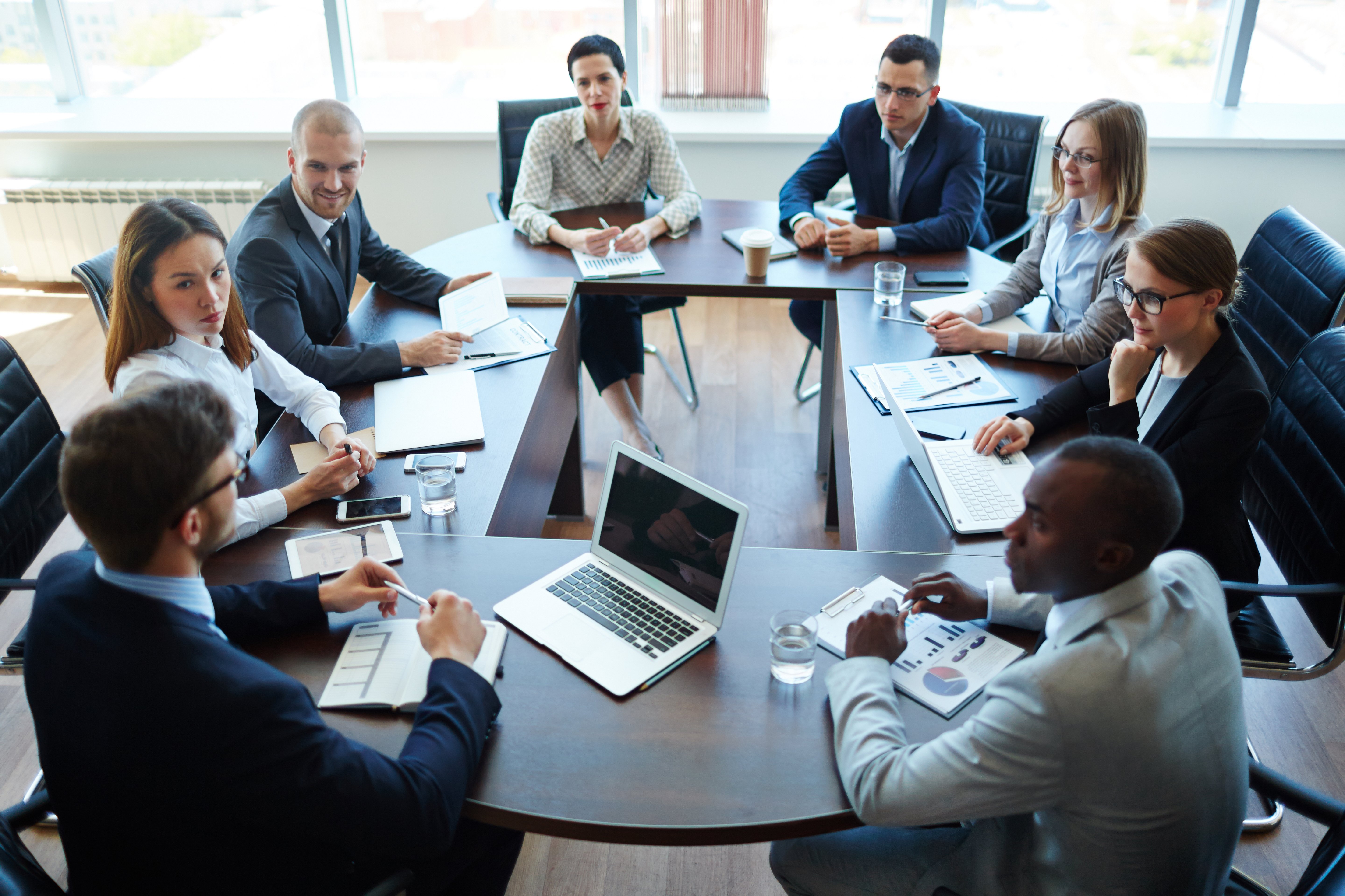 Group of business professionals meeting around board room table