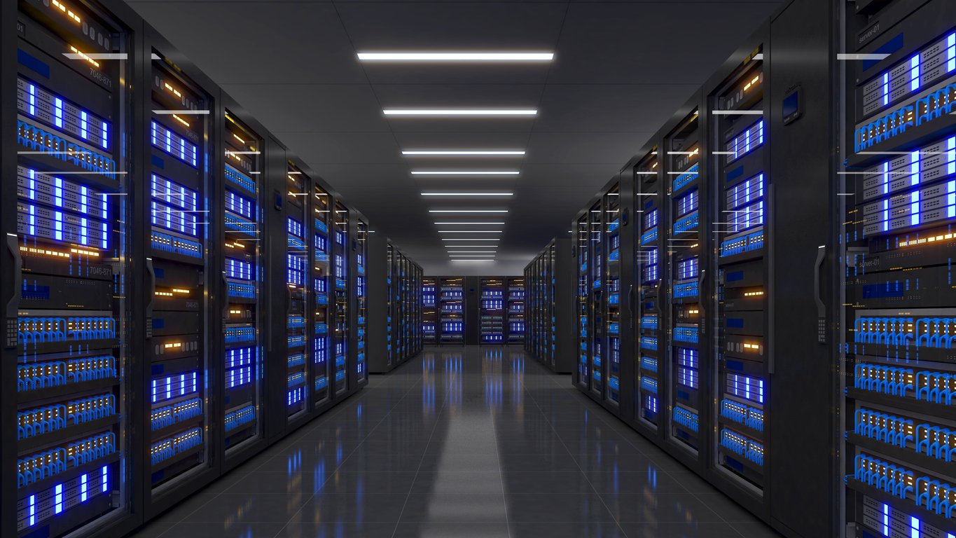 Shot of data centre with multiple rows of server racks