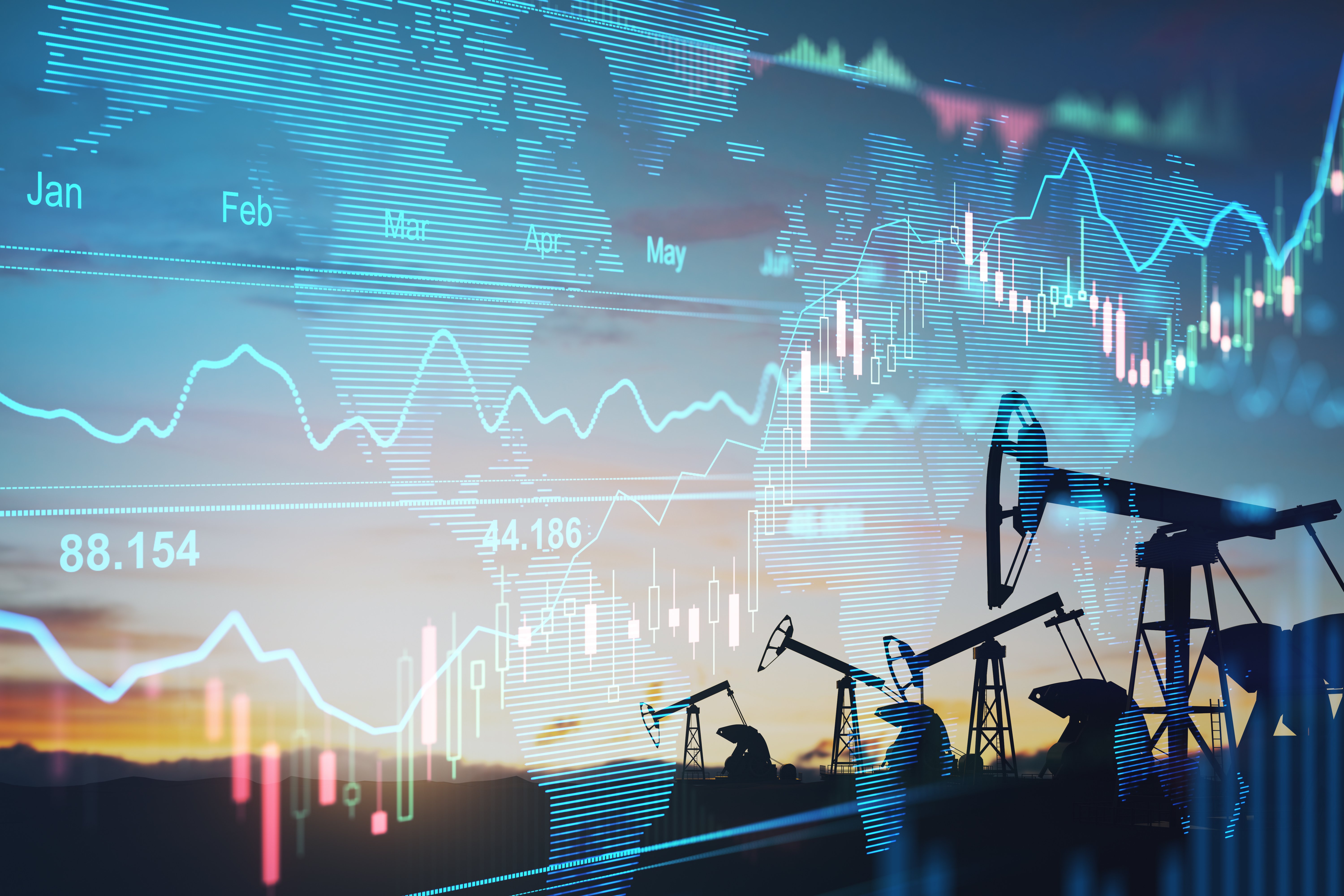 Digital screen with financial charts and oil pumps on a field