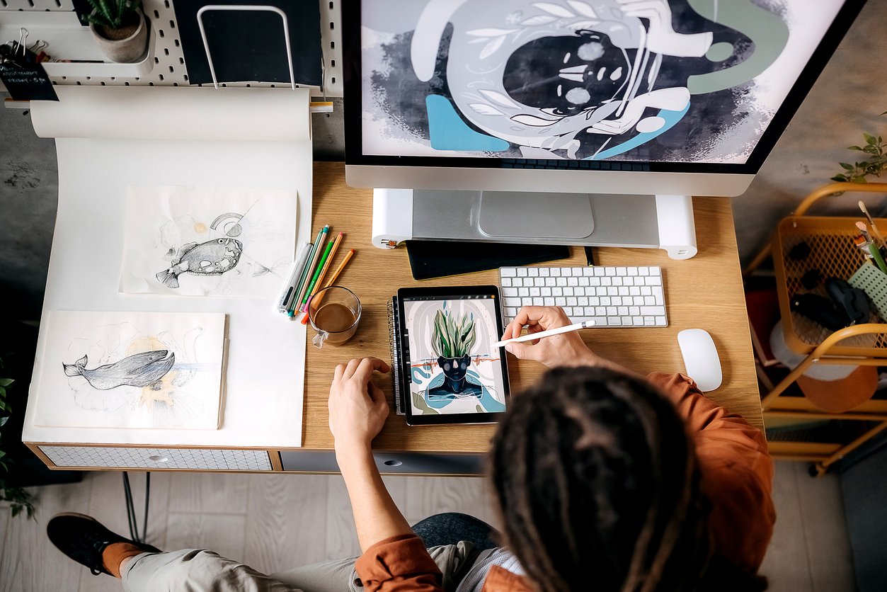 Overhead view of a graphic designer at work