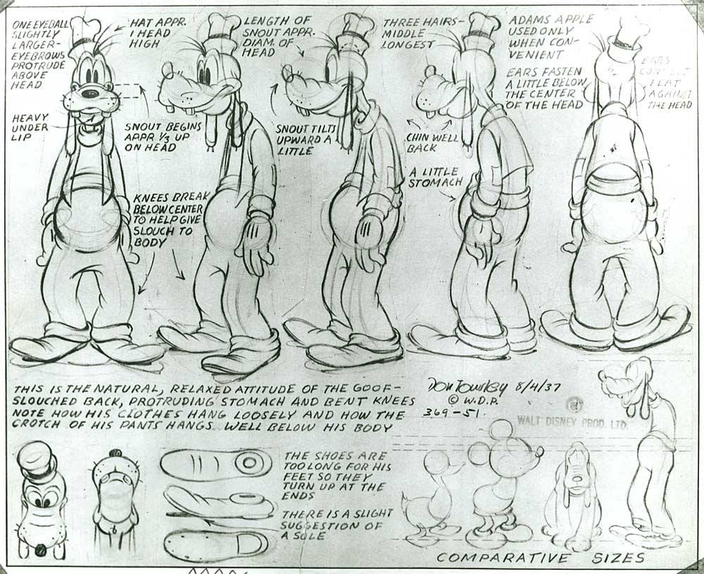 A model sheet showing rough sketches of Goofy from various angles