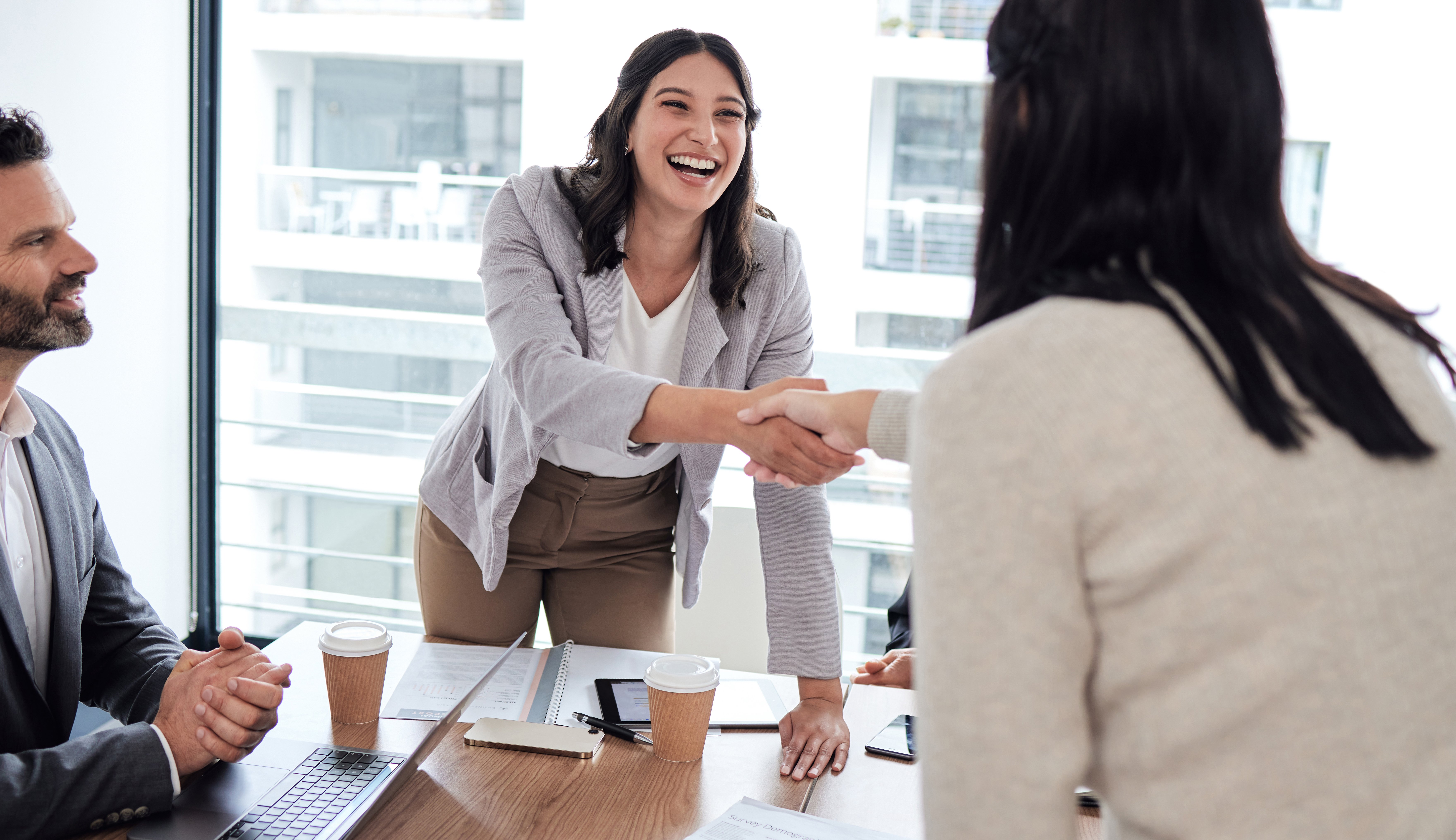 Two businesspeople shaking hands over a table in an office