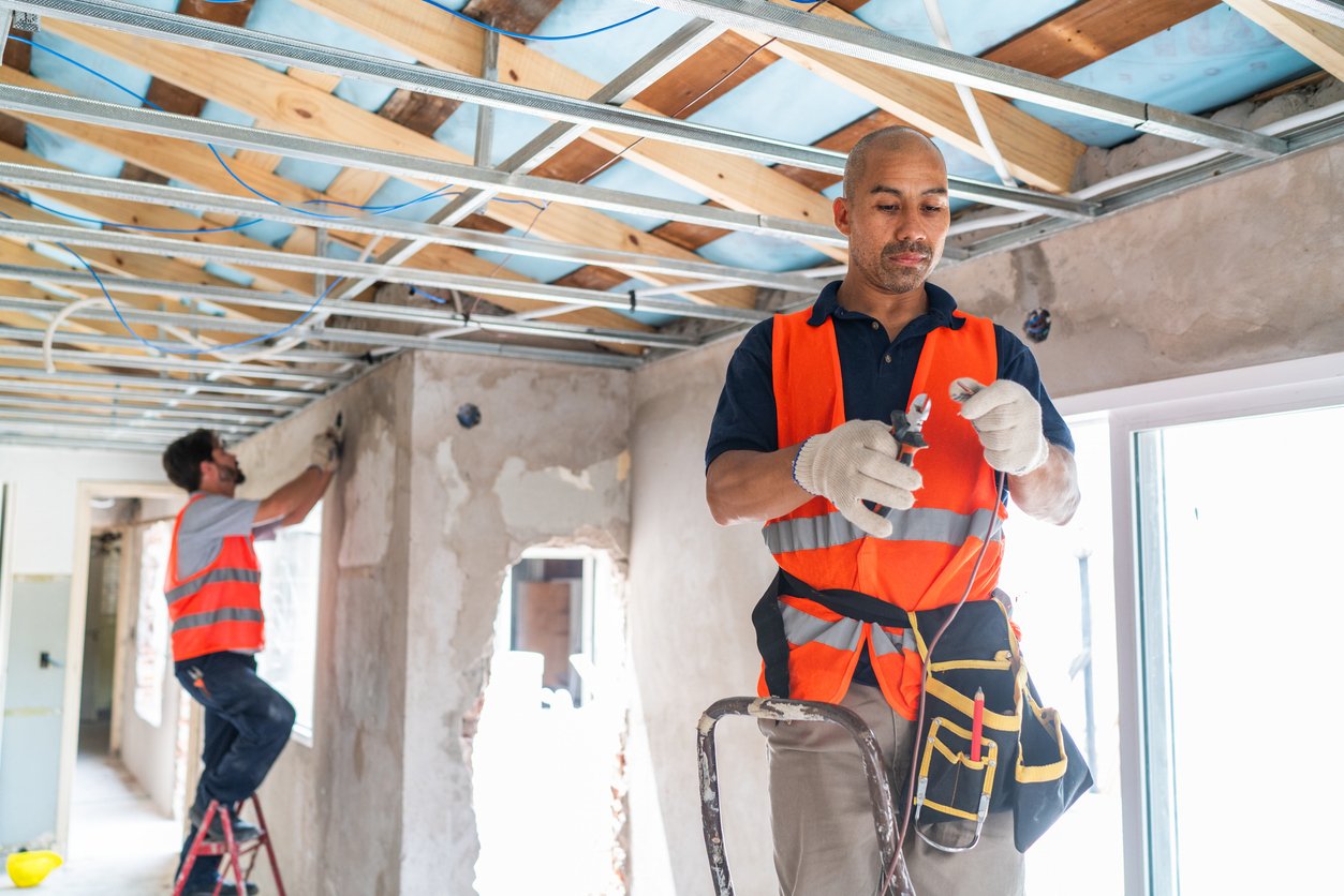 Network cabling techs on job site