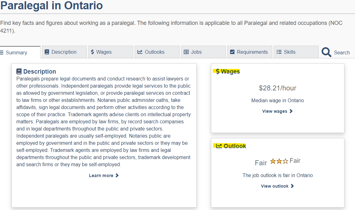 paralegal job outlook and salary for ontario