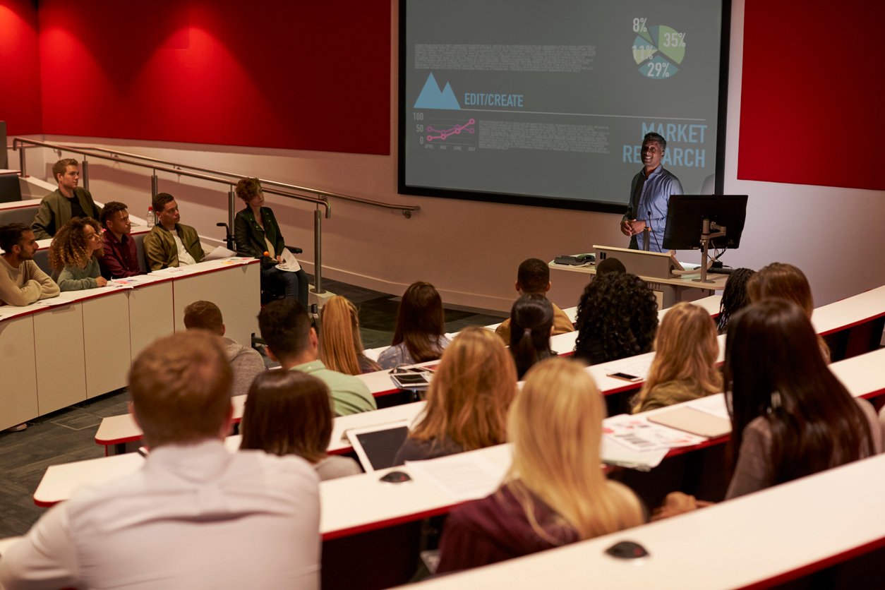 Students in university lecture theatre