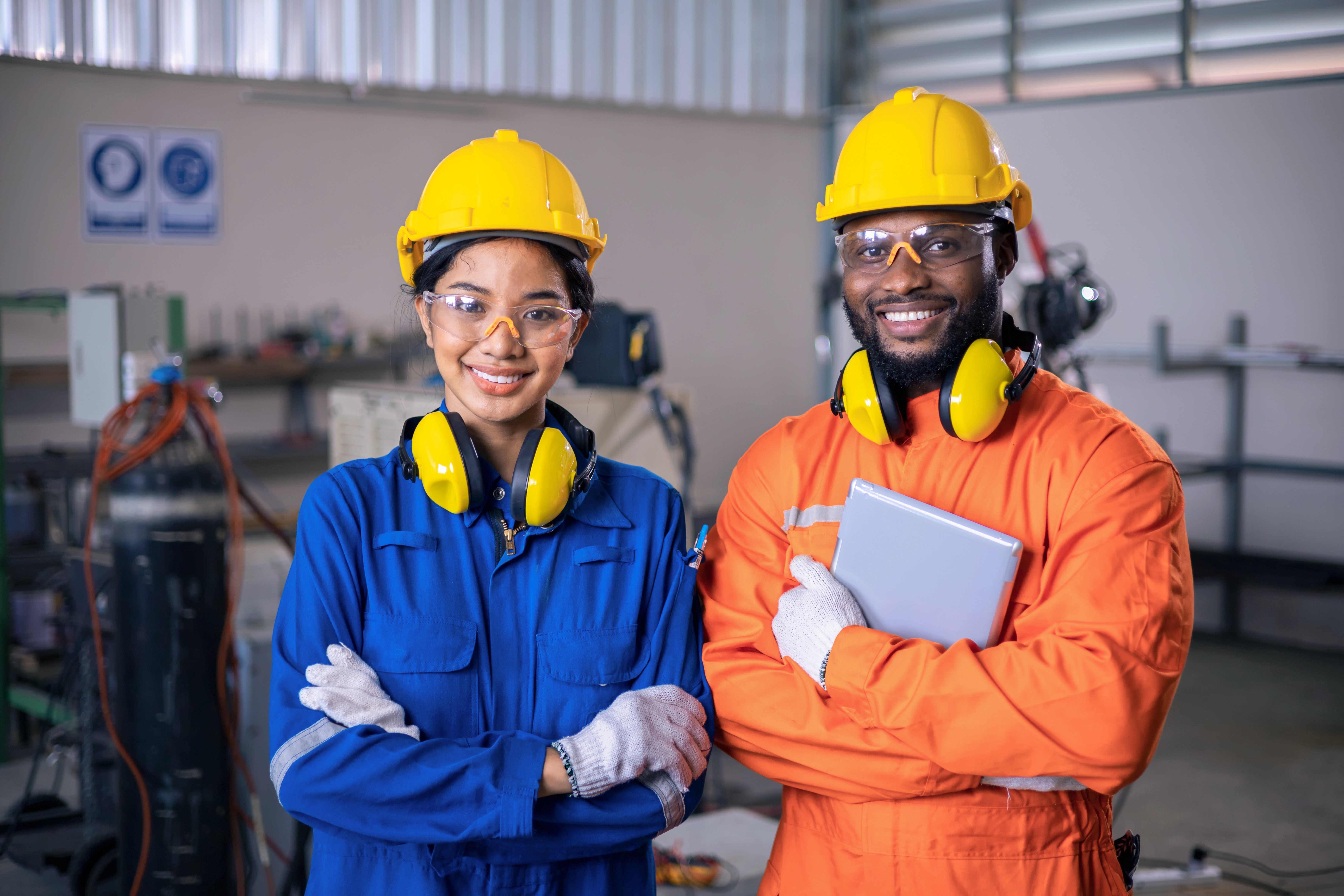 Two factory workers in protective gear standing next to each other with arms crossed