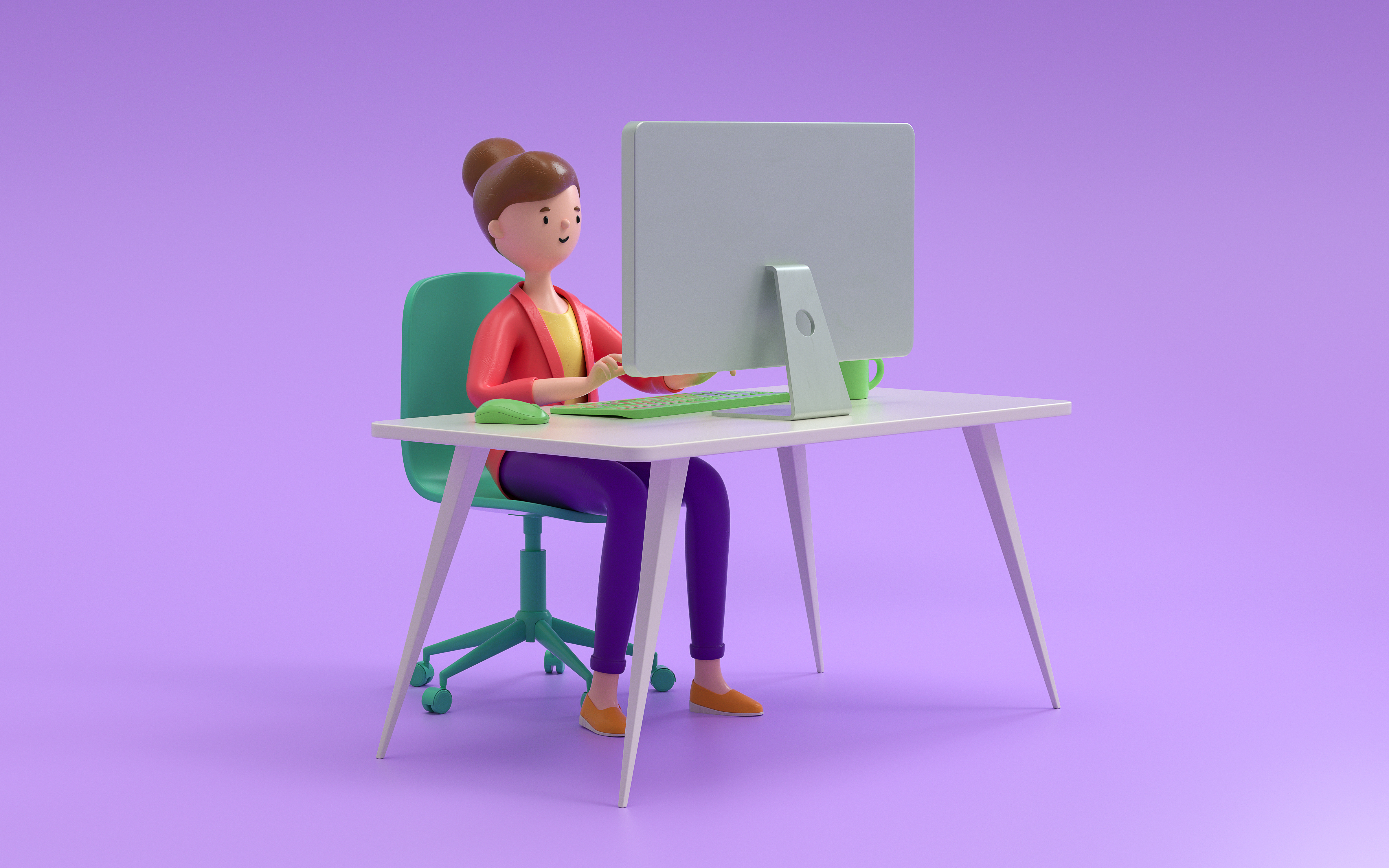3D character sitting at desk working on computer