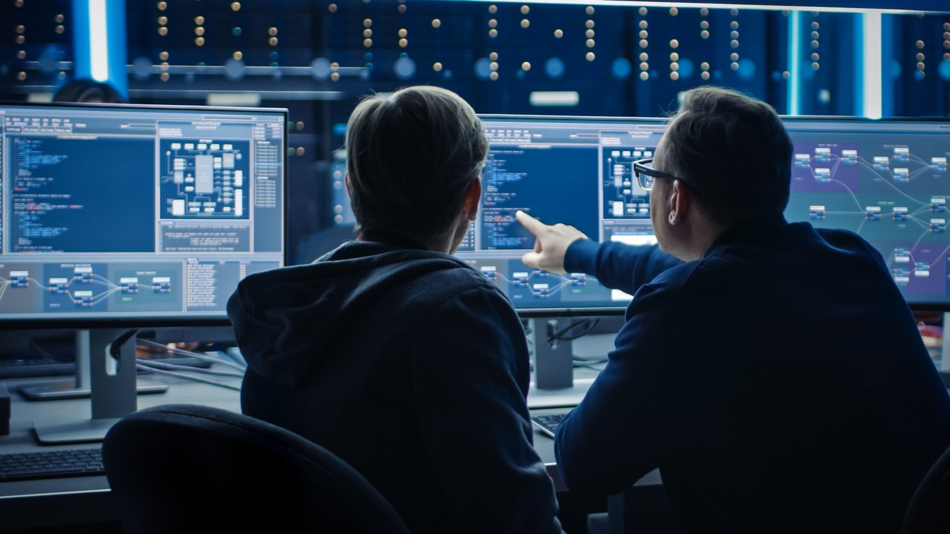 Back view of two cybersecurity professionals looking at computer screen