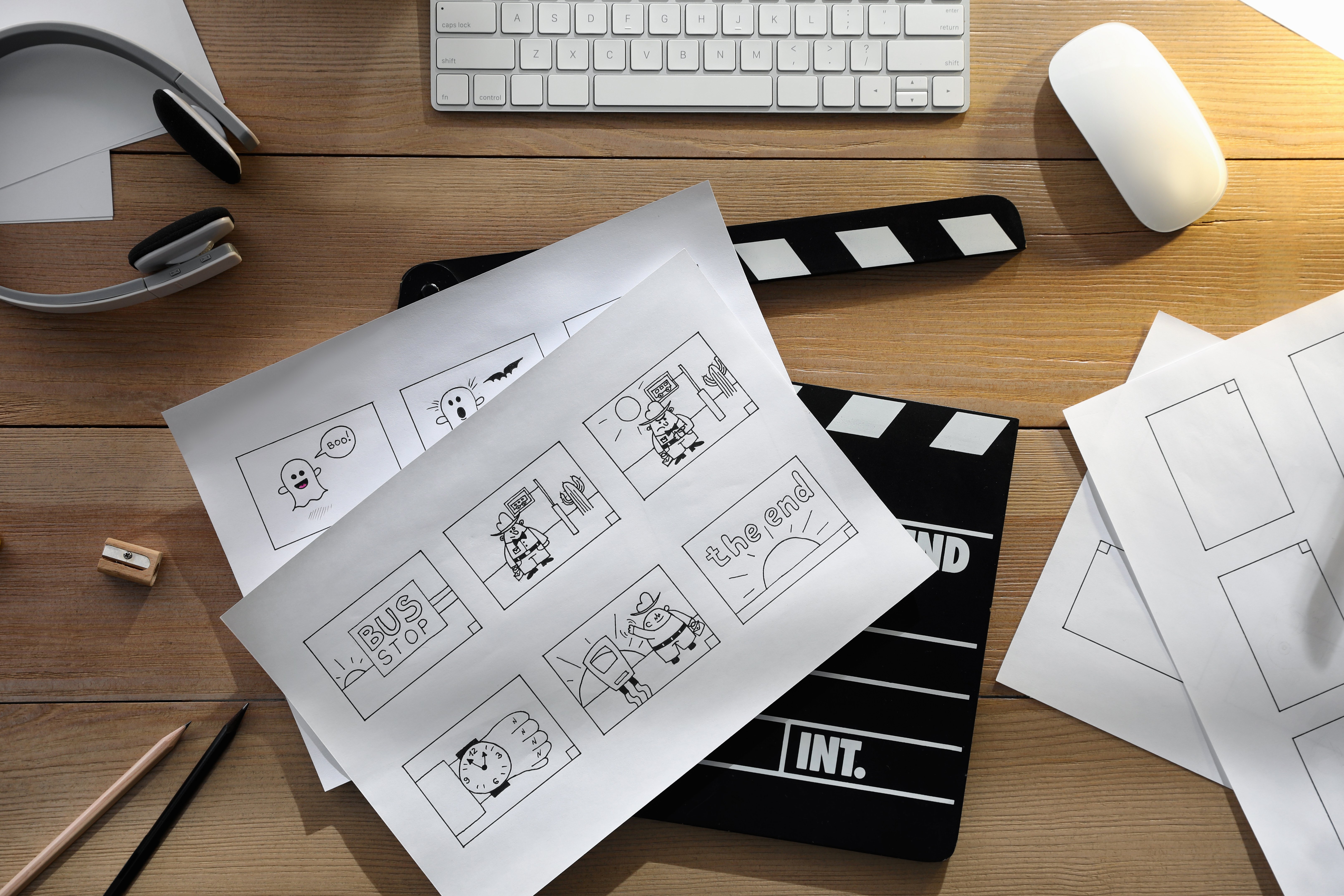 Storyboards with cartoon sketches