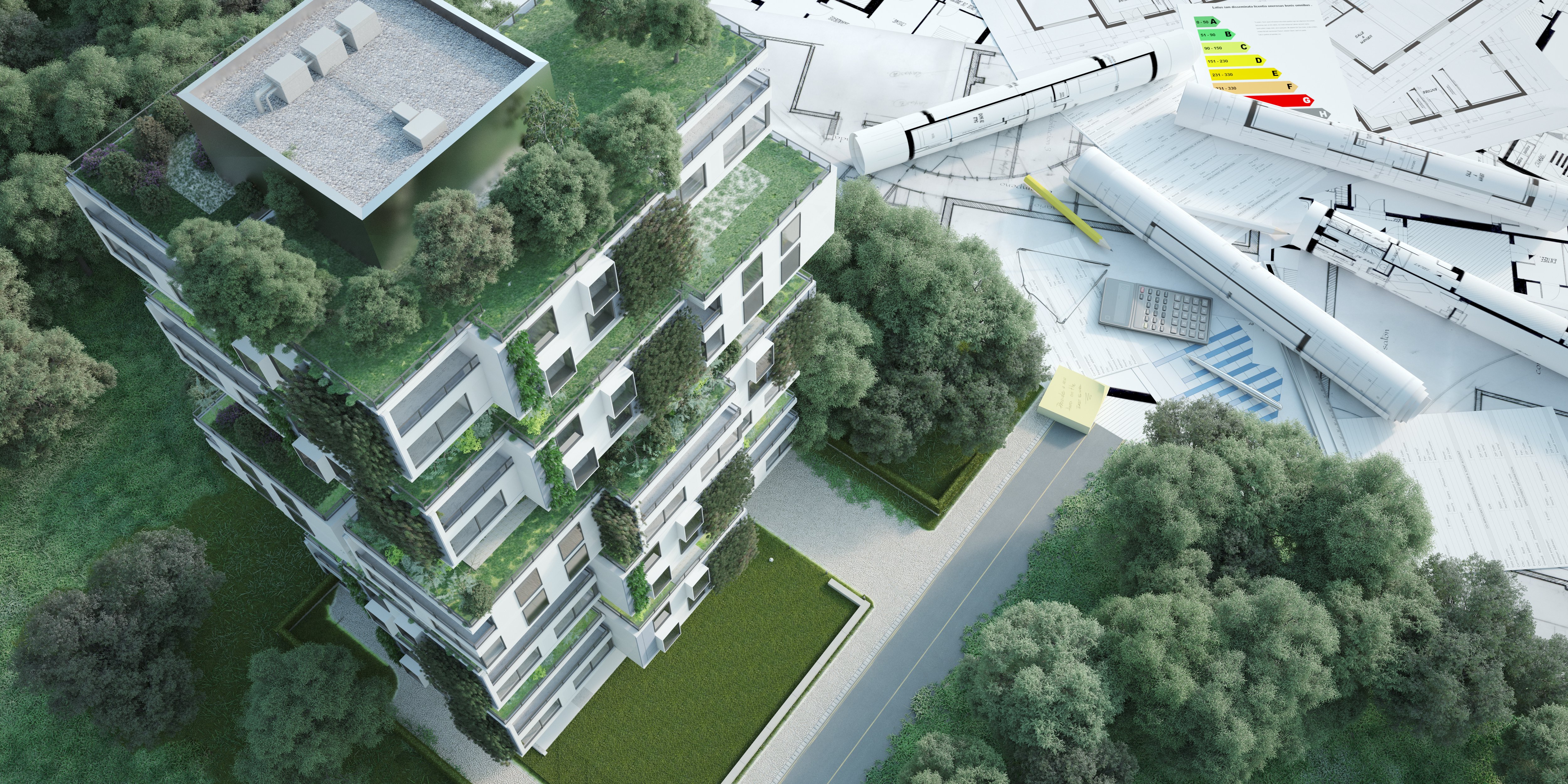 3D rendering of a sustainable model apartment building with blueprints